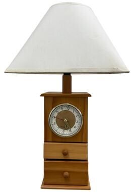 Vintage 80s Wood Lamp Quartz Clock Drawers Honey Tone Nightstand Light